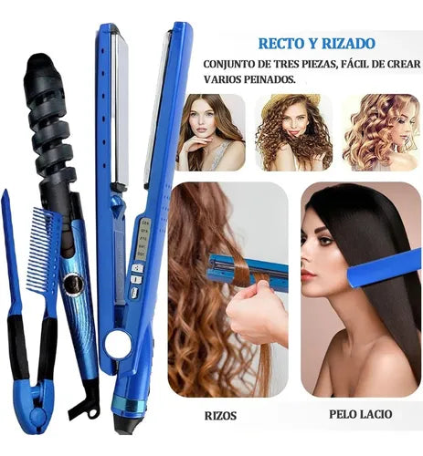 Kit de Plancha de Cabello+Rizadora+Peine